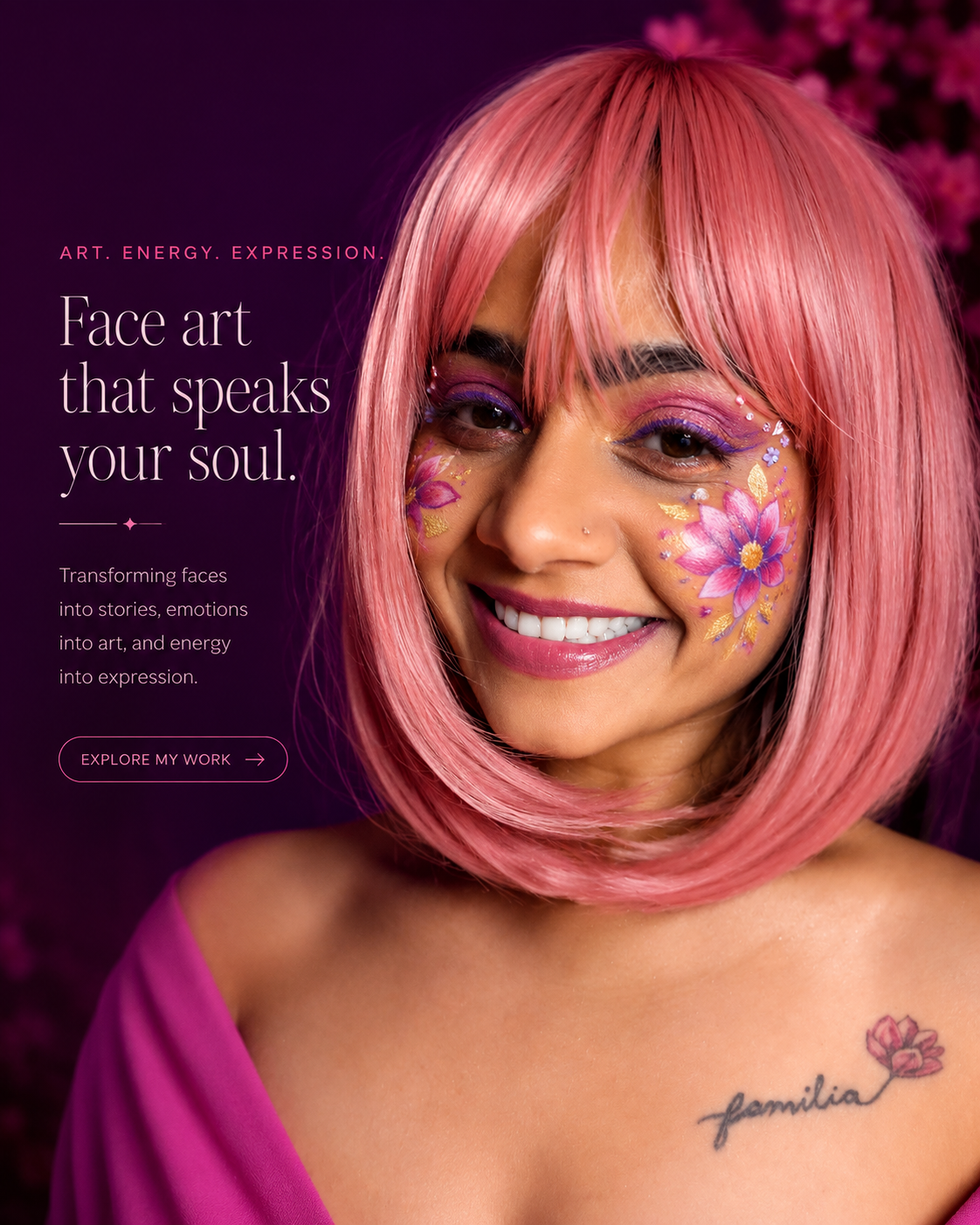 Editorial portrait with pink face art and gold accents